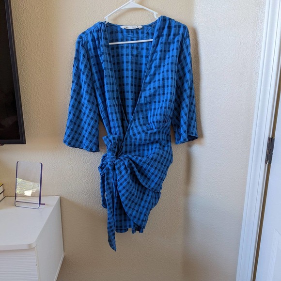 Zara Women's size L Large Double Breasted Plaid Wrap Mini Dress - Picture 3 of 8